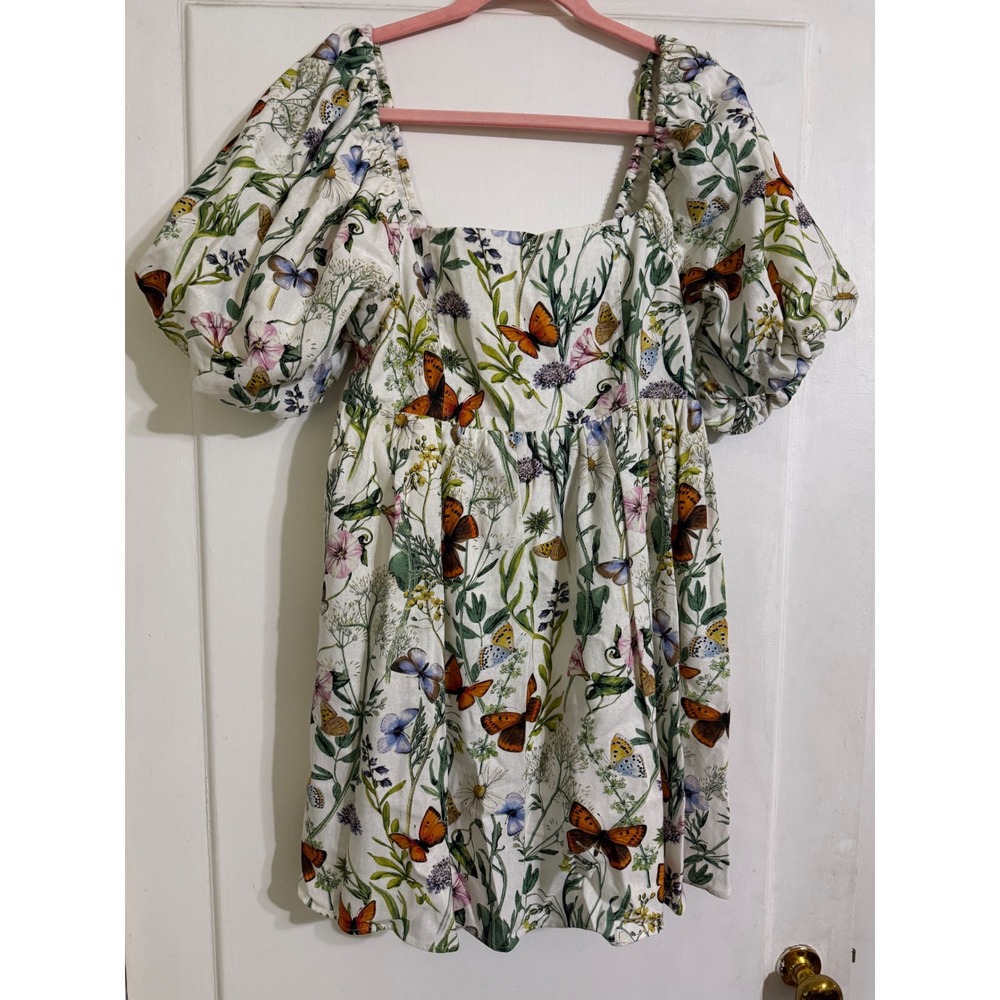 Avec Les Filles Butterfly Botanical Puff Sleeve Mini Dress White Size M NEW